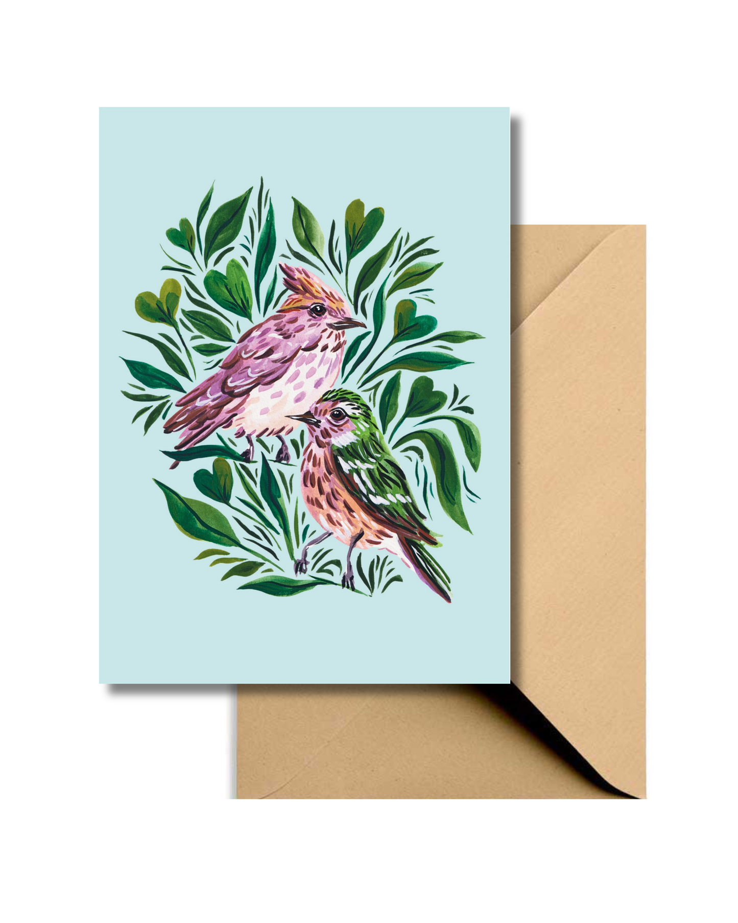 Wenskaart Botanische Roze vogels