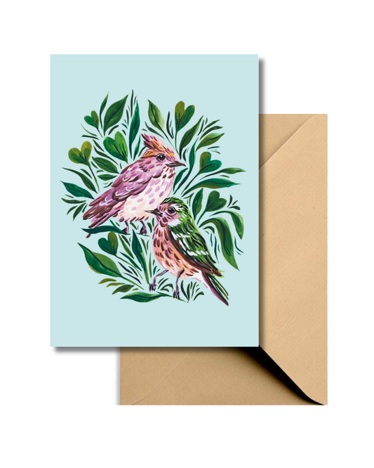 Wenskaart Botanische Roze vogels